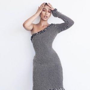 LIONNE Knit One Sleeve Knit Dress w/ Braid Detail